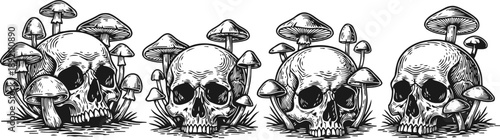 Set of human skulls surrounded by growing mushrooms hand drawn monochrome illustration of spooky horror and nature decay