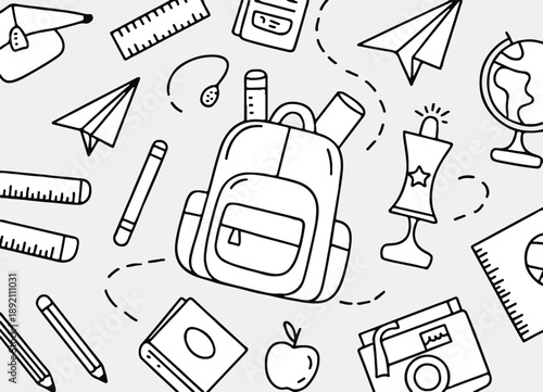 school backpack and supplies seamless pattern line art vector