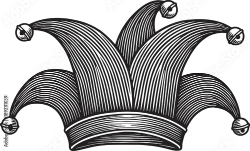 Black and white jester hat with bells classic carnival or medieval fool headwear illustration