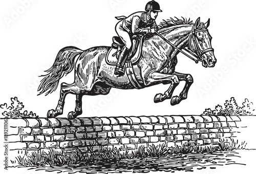Jockey riding horse jumping over a stone fence in an equestrian competition detailed black and white drawing
