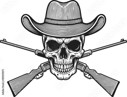 Skull with cowboy hat and crossed rifles western outlaw symbol, vintage wild west illustration