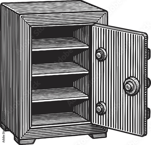 Vintage safe with open door and internal shelves, classic strongbox secure storage illustration