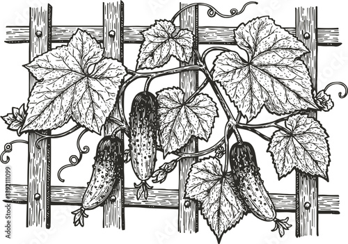 Cucumber vine climbing wooden trellis with textured leaves and hanging cucumbers illustration