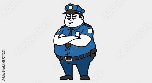 Cartoon Police Officer Standing Arms Crossed Looking Bored.
