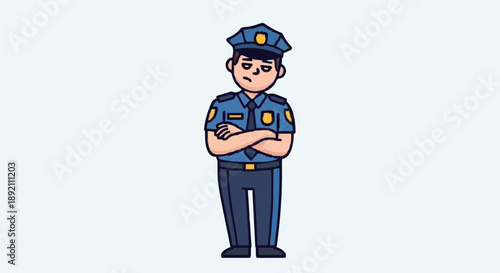 Cartoon Police Officer Standing Arms Crossed Uniform Hat Badge.