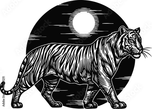 Tiger walking at night under full moon silhouette majestic big cat jungle wildlife illustration