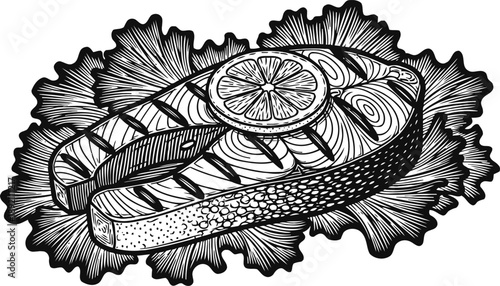 Black and white illustration of grilled salmon steak with lemon slice and lettuce leaves