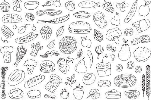 food line drawing assorted fruits vegetables snacks and meals