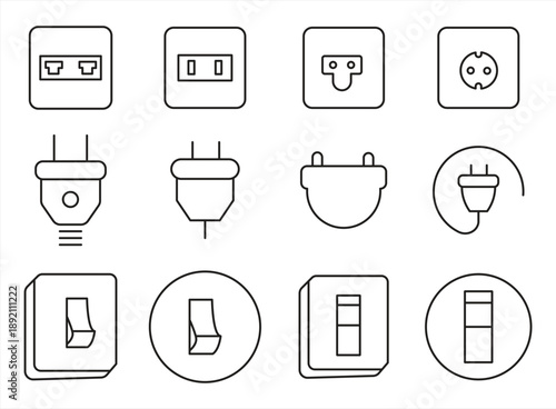Electrical outlet line icon collection, outline vector symbol collection, linear style pictogram pack. Signs, logo illustrations. This set includes icons such as electrical outlet, telephone port, wir