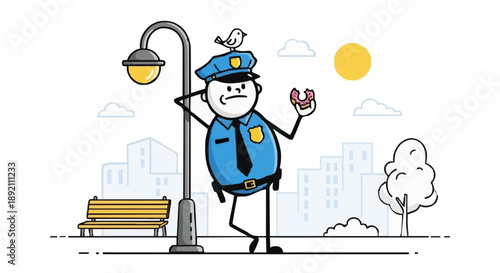 Cartoon Police Officer Standing by Lamp Post with Bird on Hat.