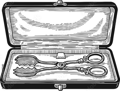 Vintage silver salad tongs in an open presentation case with detailed engraving design