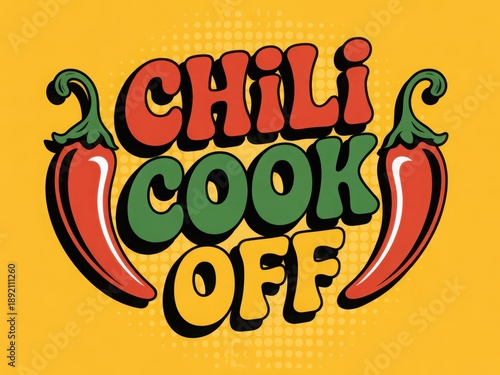 Vibrant chili cook off logo with peppers and text