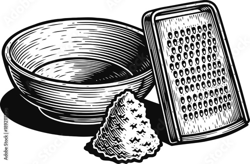 wooden bowl with grated cheese and metal grater in vintage drawing