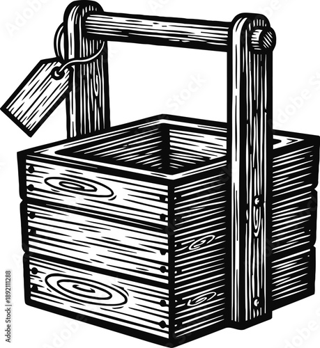 Wooden basket with handle and tag vintage rustic handcrafted container illustration in black and white