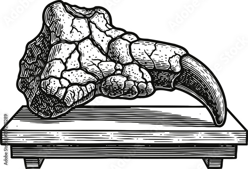 tyrannosaurus rex claw fossil on wooden display stand prehistoric dinosaur bone illustration