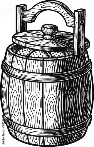 Wooden barrel with lid and handle vintage hand drawn rustic storage cask illustration