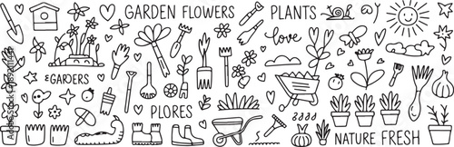 garden elements wheelbarrow shovel rake plant pot birdhouse doodle