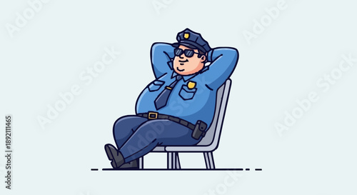 Cartoon Police Officer Relaxing in Chair.