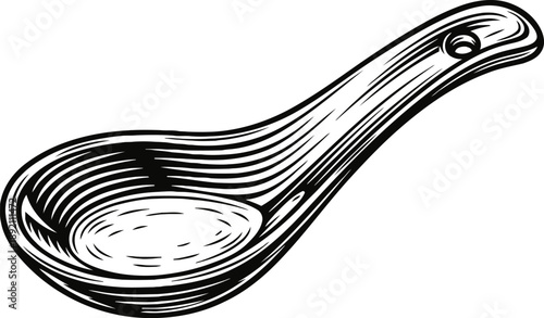 Wooden spoon illustration with carved texture and hole in handle for hanging