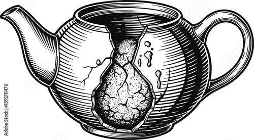 Broken teapot with cracked surface and hole, vintage engraving illustration of ceramic vessel