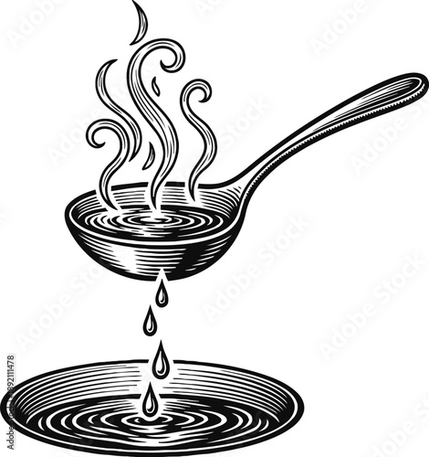 ladle pouring hot liquid with steam rising vintage black and white kitchen utensil illustration