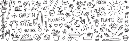 garden tools plants and flowers doodle vector illustration black white