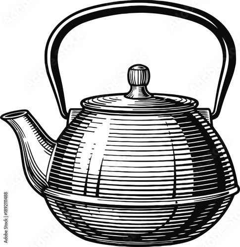 Traditional kettle with curved spout and handle, vintage teapot illustration in engraved