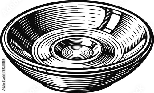 vintage wooden bowl illustration, round handcrafted container with detailed engraving and natural texture