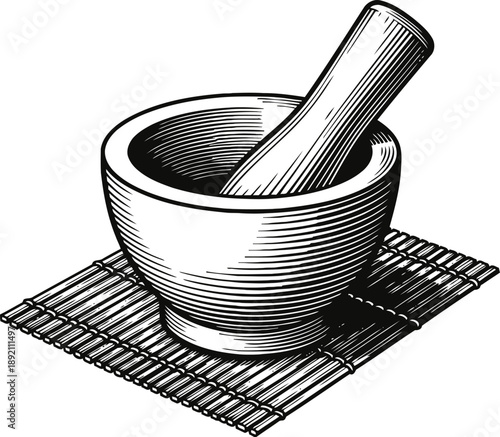 Mortar and pestle on bamboo mat traditional kitchen tool for grinding and crushing spices and herbs