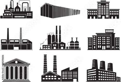 building set of nine urban architecture and factory icons