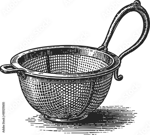 Vintage kitchen sieve with handle metal mesh strainer tool for cooking and baking, retro kitchenware illustration