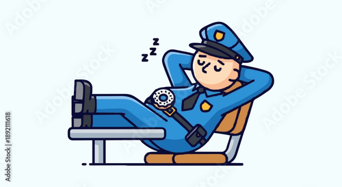 Cartoon police officer sleeping in chair with feet up.