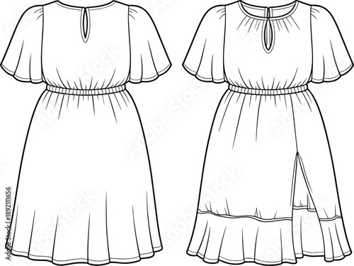Girl’s flutter sleeve dress fashion flat sketch with keyhole neckline, waist elastic, front slit, tiered hem, back and front view