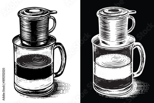Vietnamese drip coffee in vintage sketch style.