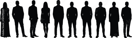 Group of business people standing together, professional men and women silhouettes, corporate team, diverse office staff, teamwork concept, cad drawing flat vector illustration