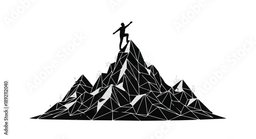 Triumphant silhouette celebrates reaching the summit of a jagged mountain peak.