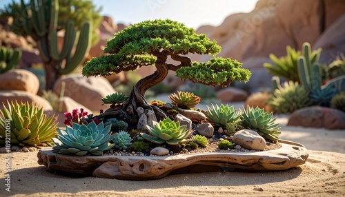 A bonsai tree sits amidst succulents, rocks, and desert flora in a sun-drenched landscape