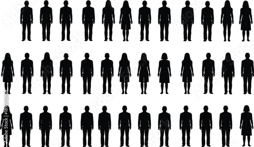Group of diverse male and female silhouettes standing together in rows, business attire, people icons, gender diversity, teamwork, isolated on white background.