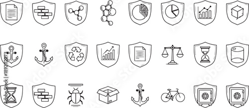 Black line of various and symbols on shields and standalone line black white background document molecule