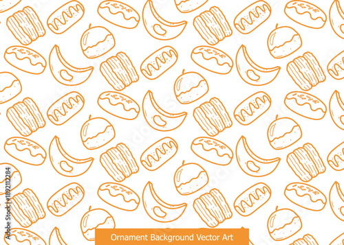 Seamless pattern of hand-drawn orange outlines of various sweet snacks and fruits on a white background.