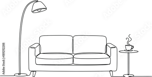 One line art minimalist line art drawing of a comfortable two seater sofa positioned next to a tall floor lamp, with cup of of tea on side table isolated on white background