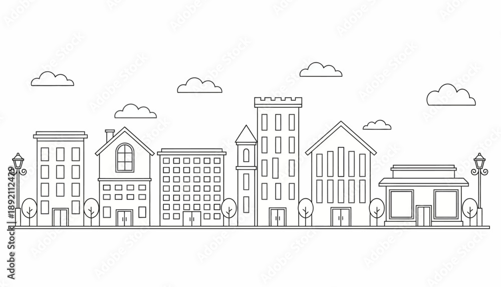 Obraz premium Minimalist black outline drawing of an urban cityscape panorama, featuring diverse buildings, streetlights, and clouds against a clean white background
