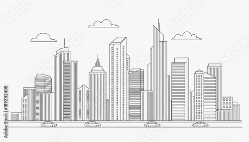 A clean and modern illustration of a bustling cityscape with cars driving along a road
