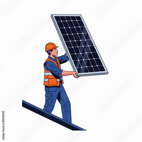 Skilled worker carefully installs a photovoltaic solar panel onto a residential rooftop under bright sunshine