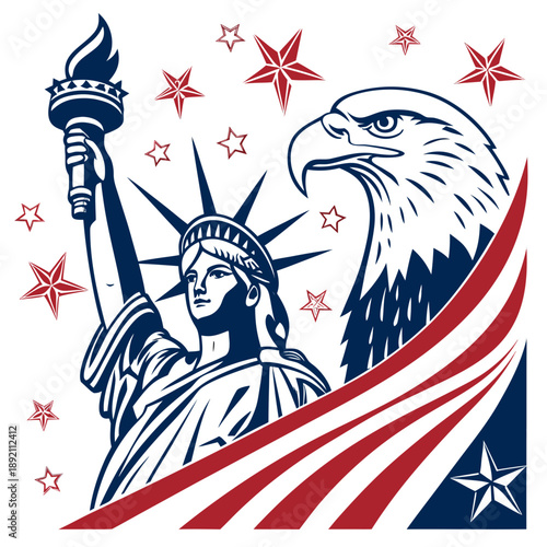 Statue of Liberty and Eagle with American Flag Stars and Stripes Patriotic Graphic