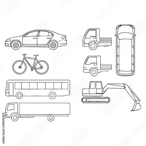 CAD Vehicle Drawings Set – Outline Vector Cars, Bikes, Trucks and Buses