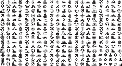 Collection of travel and adventure icons on white background