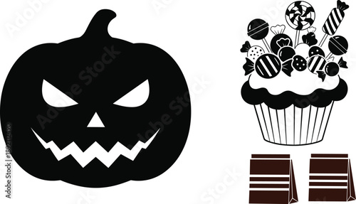 Halloween pumpkin silhouette with spooky face, candy-filled cupcake, and treat bags illustration set for festive holiday design and decoration graphics
