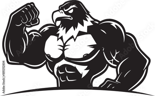 Body Builder Character with Eagle Head Silhouette vector black on a white background
