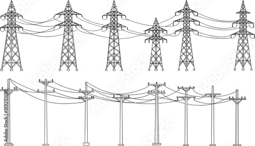 High voltage electricity towers, utility power poles, cable wire transmission system, engineering vector drawing, electric grid infrastructure layout, black line sketch